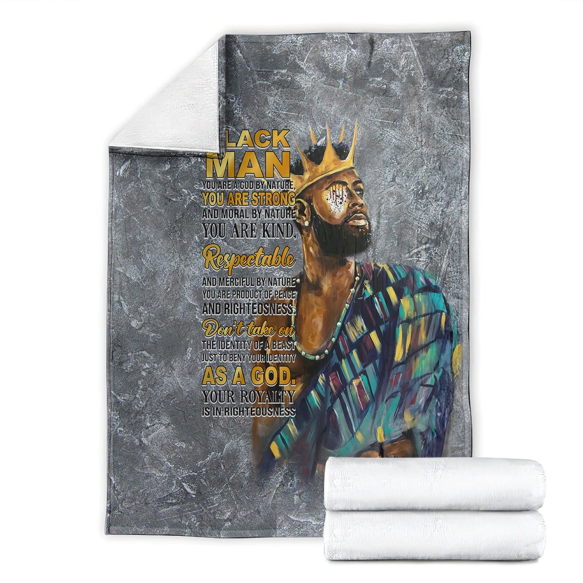 Dark gray throw blanket showing crowned face print and multicolor robe, folded edges