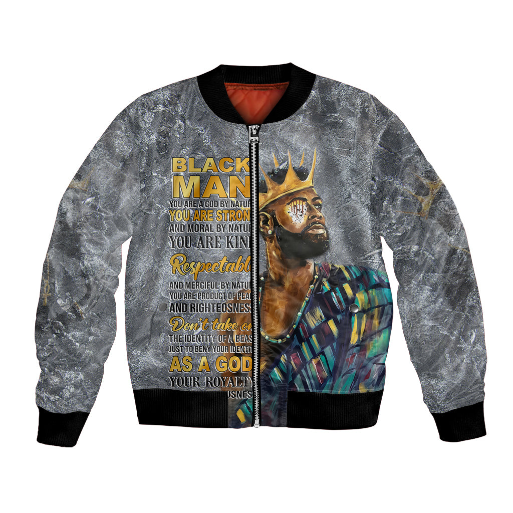 Black bomber jacket with full-zip front, ribbed cuffs, and bold face graphic artwork