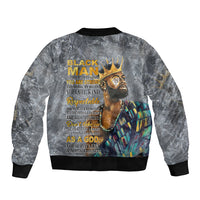 Black bomber jacket with ribbed hem and back graphic featuring face and crown artwork