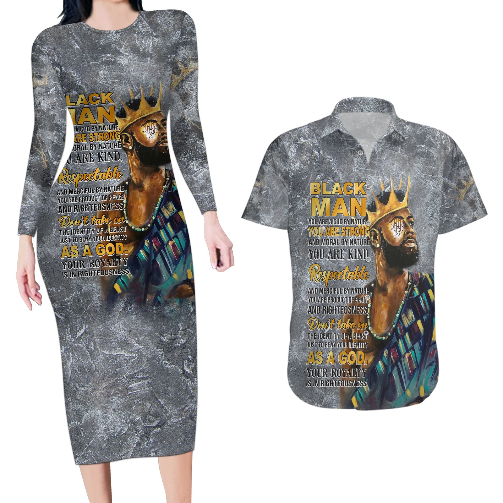 Black Man Africa Couples Matching Long Sleeve Bodycon Dress and Hawaiian Shirt Naturally King - Wonder Print Shop