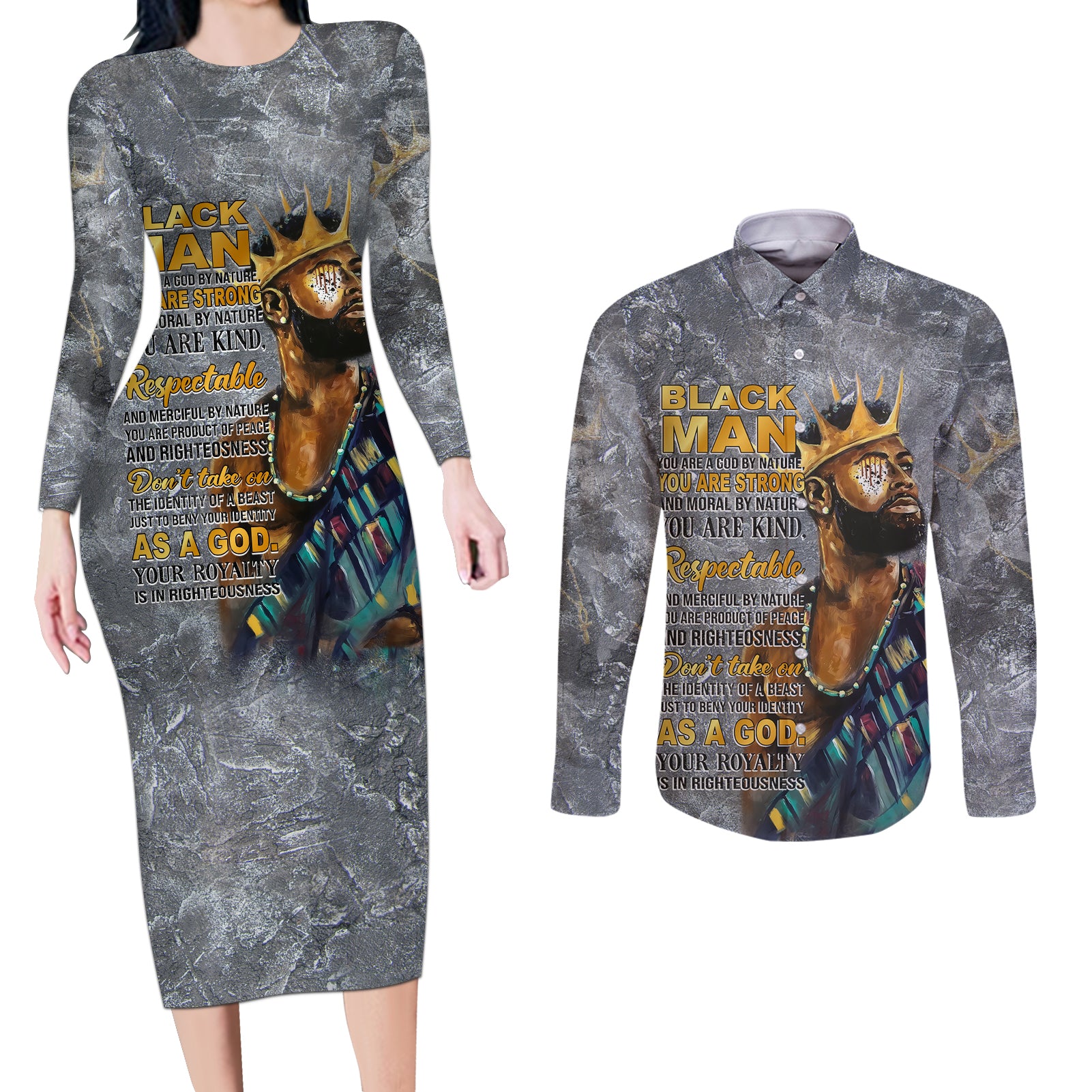 Black Man Africa Couples Matching Long Sleeve Bodycon Dress and Long Sleeve Button Shirt Naturally King - Wonder Print Shop