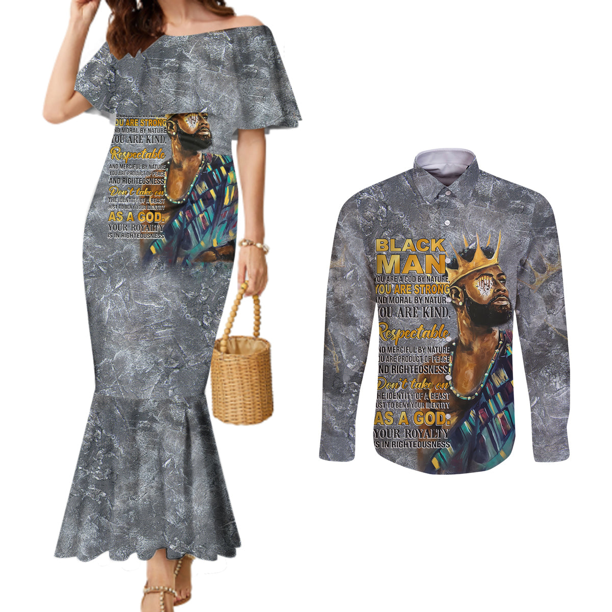 Black Man Africa Couples Matching Mermaid Dress and Long Sleeve Button Shirt Naturally King