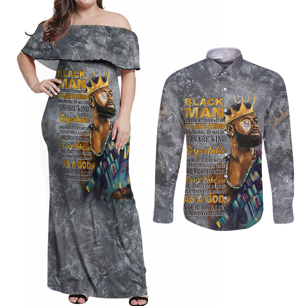 Black Man Africa Couples Matching Off Shoulder Maxi Dress and Long Sleeve Button Shirt Naturally King - Wonder Print Shop