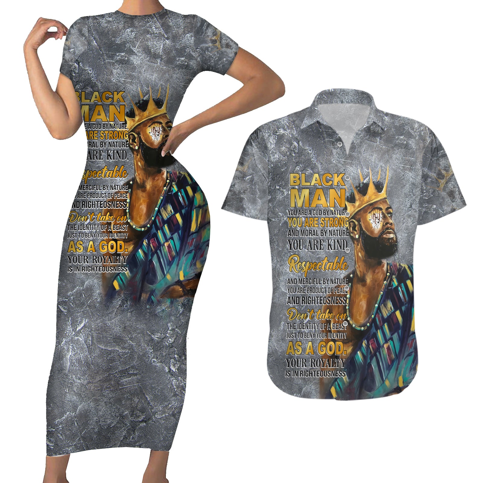 Black Man Africa Couples Matching Short Sleeve Bodycon Dress and Hawaiian Shirt Naturally King - Wonder Print Shop