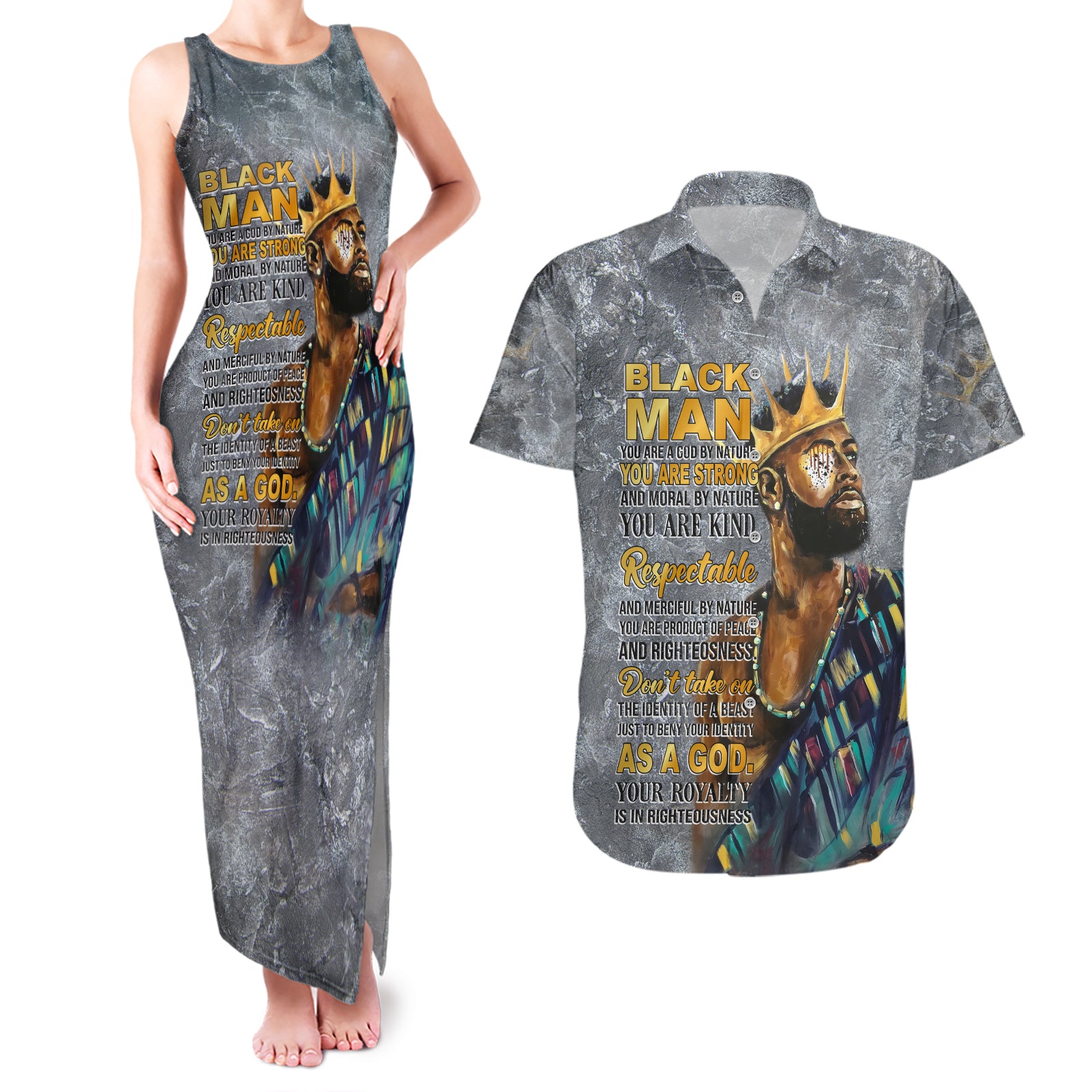 Black Man Africa Couples Matching Tank Maxi Dress and Hawaiian Shirt Naturally King - Wonder Print Shop