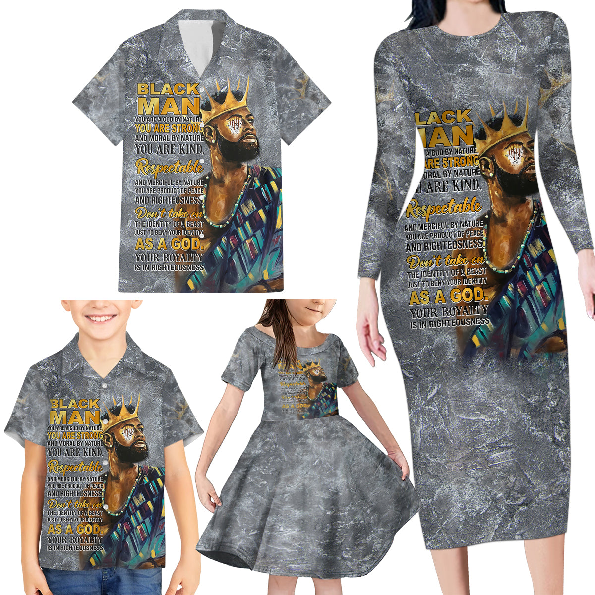 Black Man Africa Family Matching Long Sleeve Bodycon Dress and Hawaiian Shirt Naturally King - Wonder Print Shop