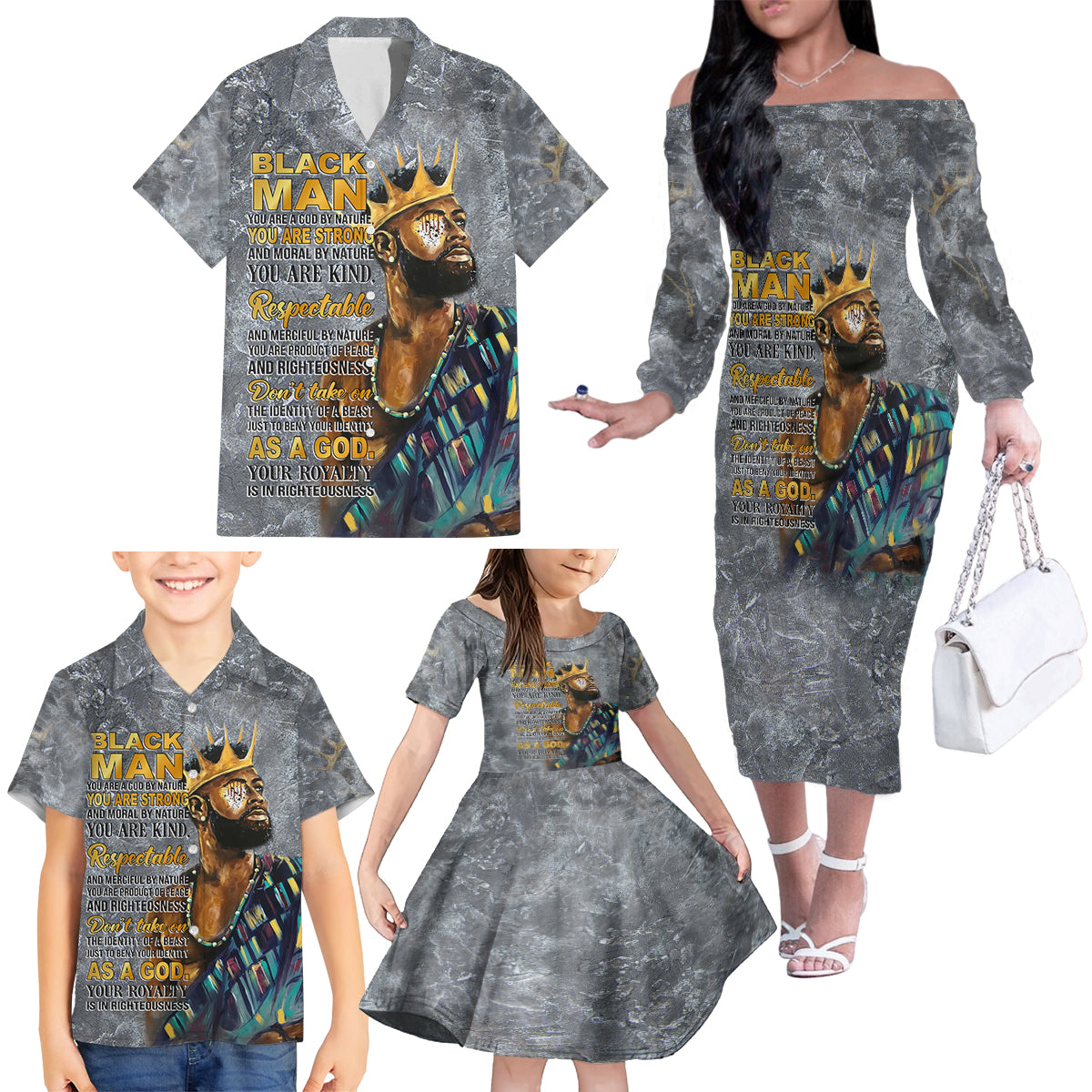 Black Man Africa Family Matching Off Shoulder Long Sleeve Dress and Hawaiian Shirt Naturally King - Wonder Print Shop