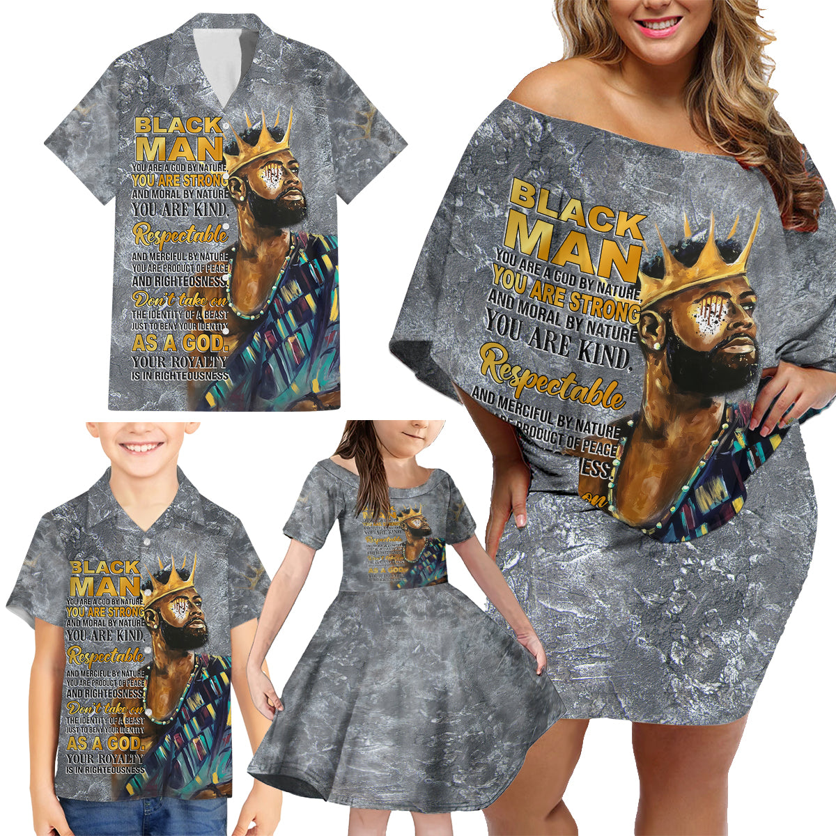 Black Man Africa Family Matching Off Shoulder Short Dress and Hawaiian Shirt Naturally King - Wonder Print Shop