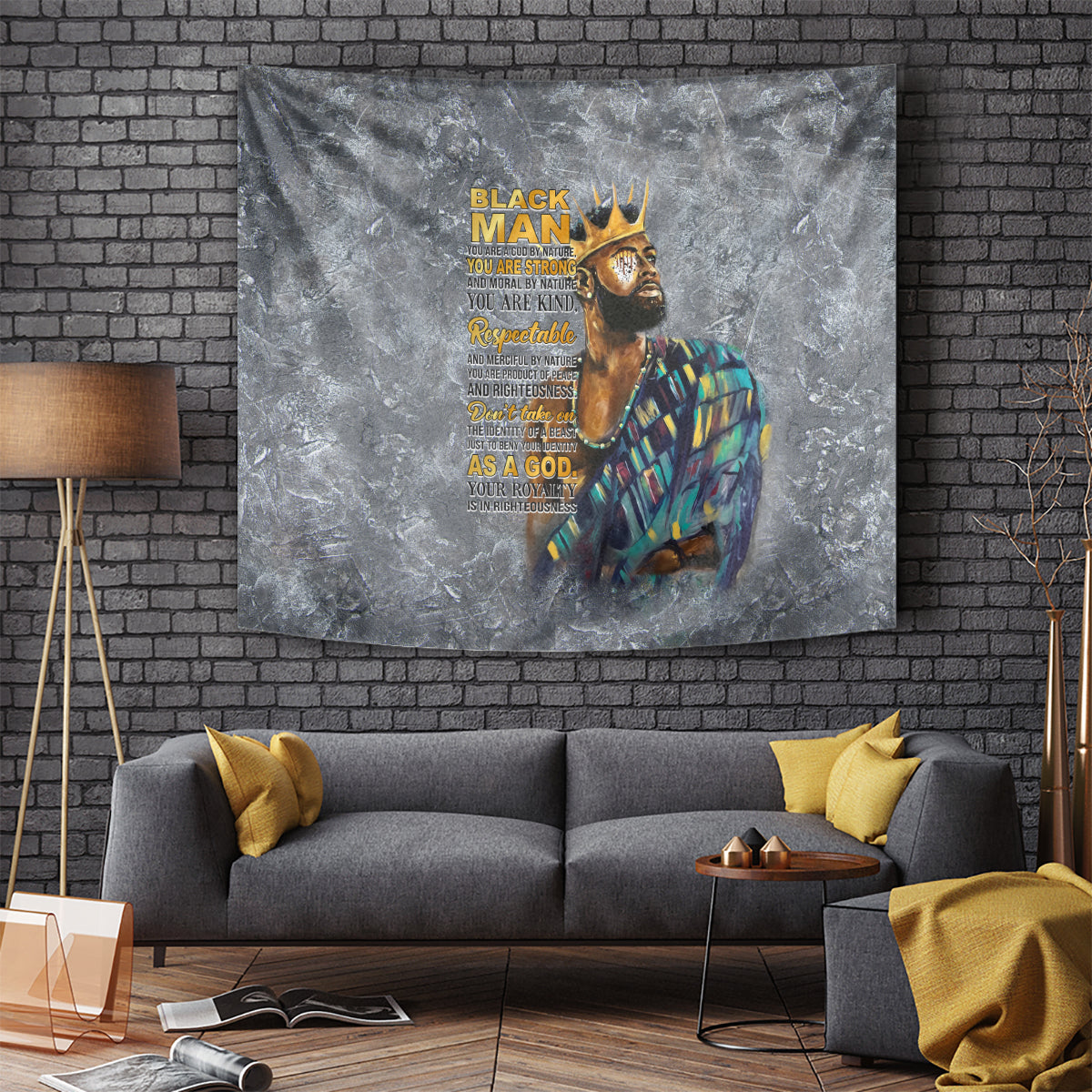 Large wall tapestry featuring a crowned man portrait with multicolor robe and yellow text