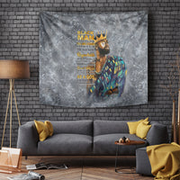 Large wall tapestry featuring a crowned man portrait with multicolor robe and yellow text