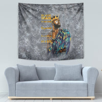 Gray fabric tapestry with crowned man portrait in multicolor robe and bold yellow words