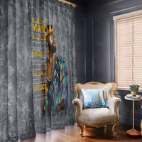 Gray window curtain panel with king portrait artwork and colorful robe graphic