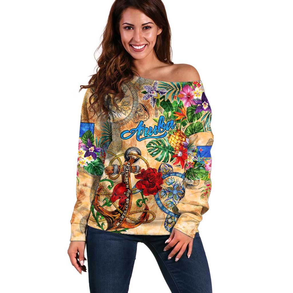 Aruba Off Shoulder Sweater Geographic Coordinate Anchor - Turlte Tropical