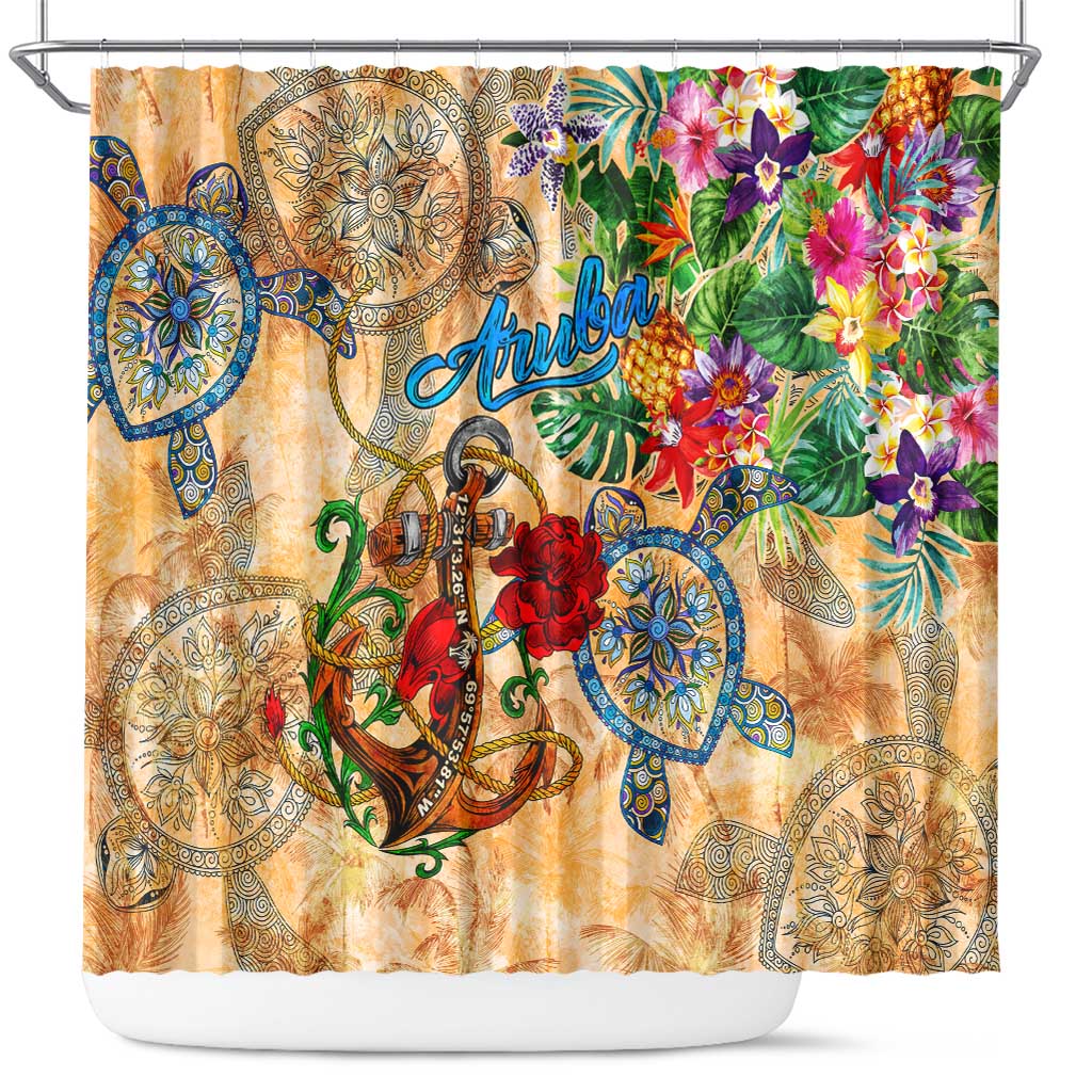 Aruba Shower Curtain Geographic Coordinate Anchor - Turlte Tropical