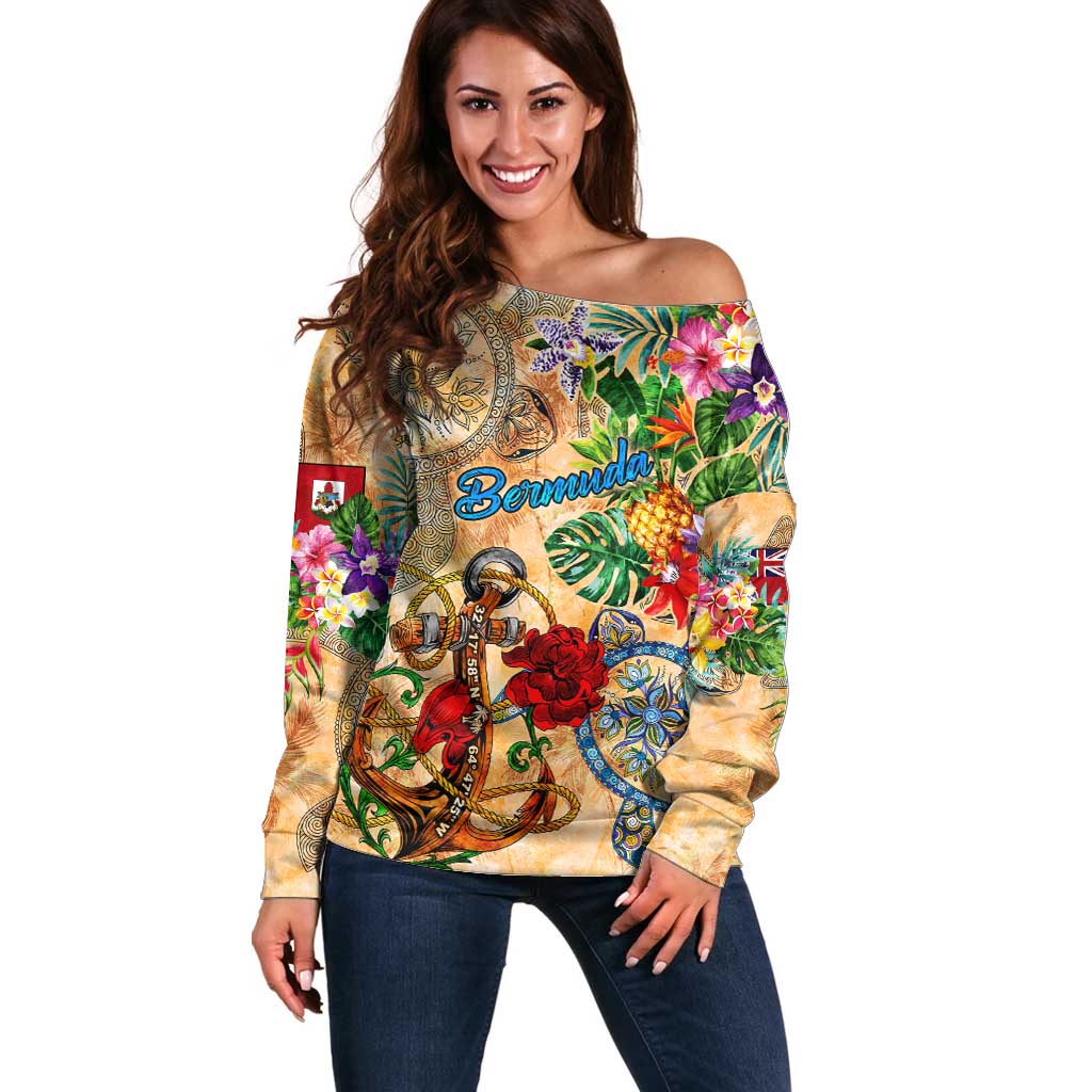 Bermuda Off Shoulder Sweater Geographic Coordinate Anchor - Turlte Tropical