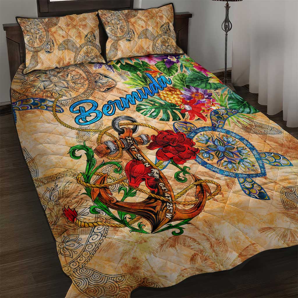 Bermuda Quilt Bed Set Geographic Coordinate Anchor - Turlte Tropical