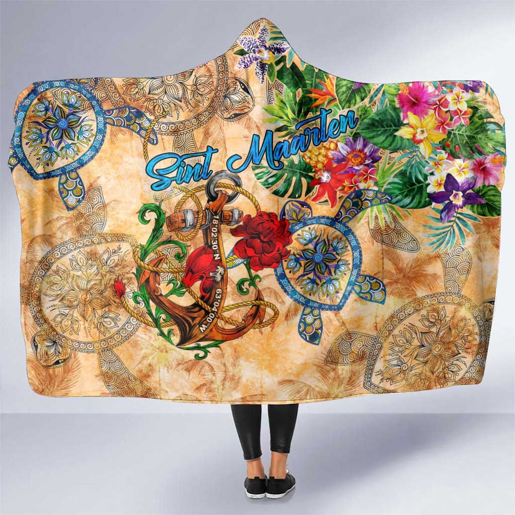 Sint Maarten Hooded Blanket Geographic Coordinate Anchor - Turlte Tropical