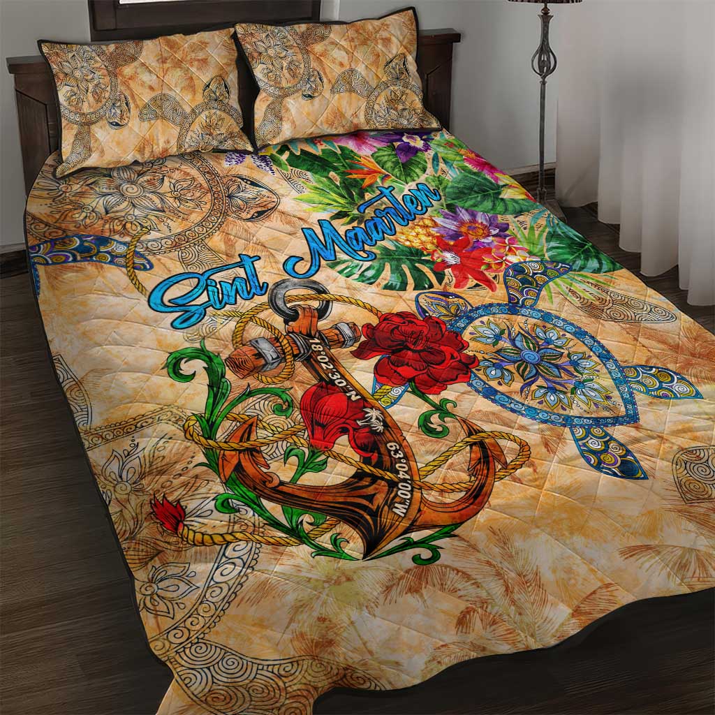 Sint Maarten Quilt Bed Set Geographic Coordinate Anchor - Turlte Tropical