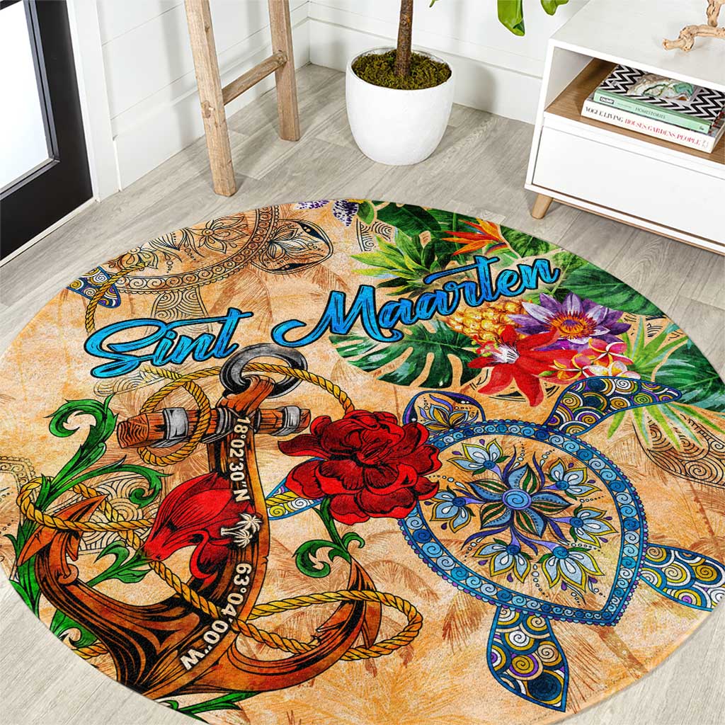 Sint Maarten Round Carpet Geographic Coordinate Anchor - Turlte Tropical