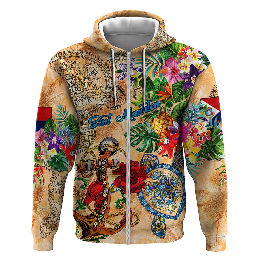 Sint Maarten Zip Hoodie Geographic Coordinate Anchor - Turlte Tropical