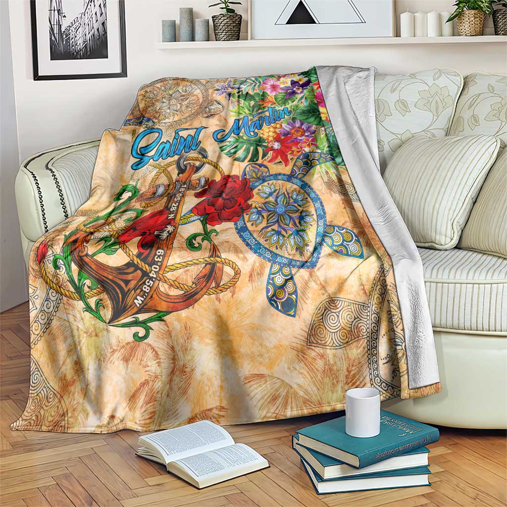 Saint Martin Blanket Geographic Coordinate Anchor - Turlte Tropical