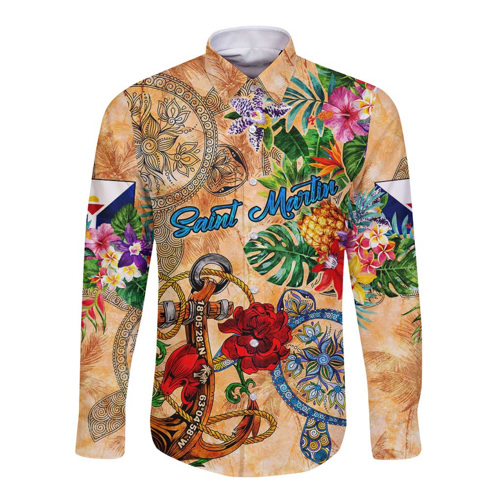 Saint Martin Long Sleeve Button Shirt Geographic Coordinate Anchor - Turlte Tropical
