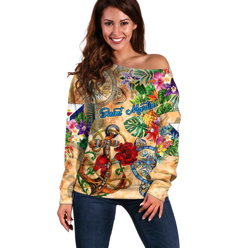 Saint Martin Off Shoulder Sweater Geographic Coordinate Anchor - Turlte Tropical