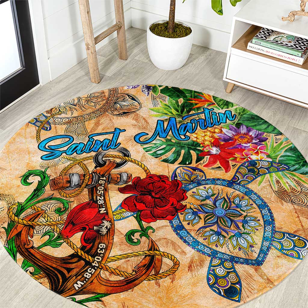 Saint Martin Round Carpet Geographic Coordinate Anchor - Turlte Tropical