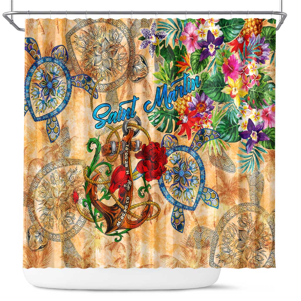 Saint Martin Shower Curtain Geographic Coordinate Anchor - Turlte Tropical