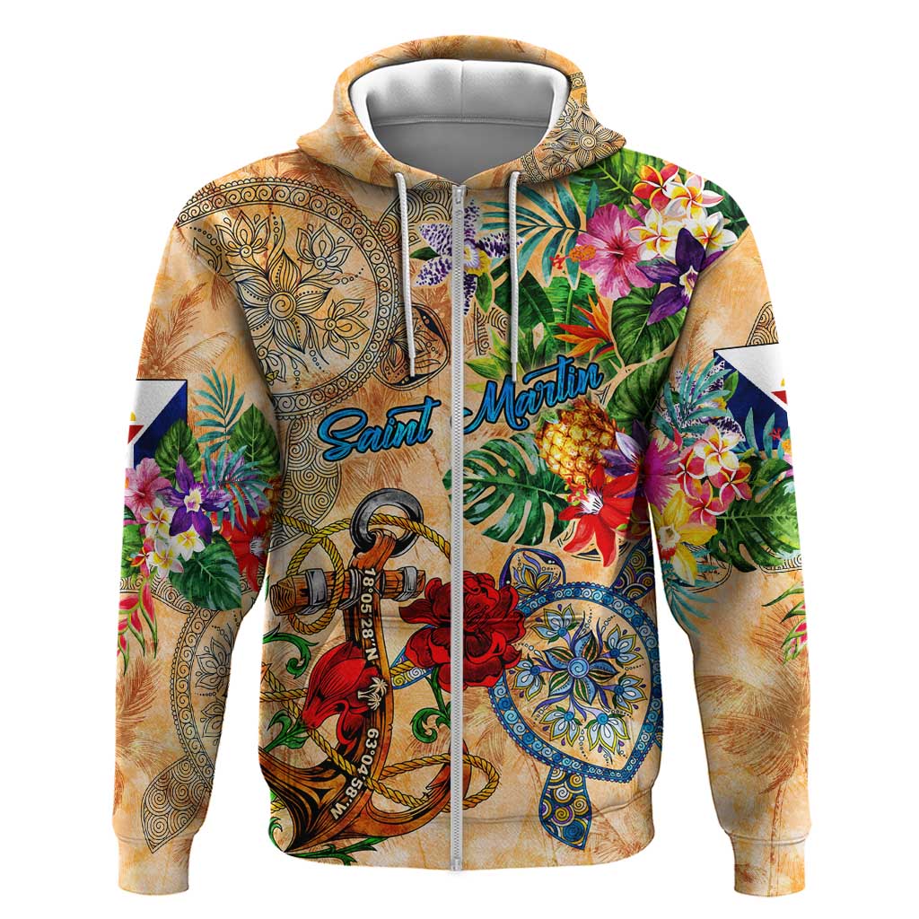 Saint Martin Zip Hoodie Geographic Coordinate Anchor - Turlte Tropical