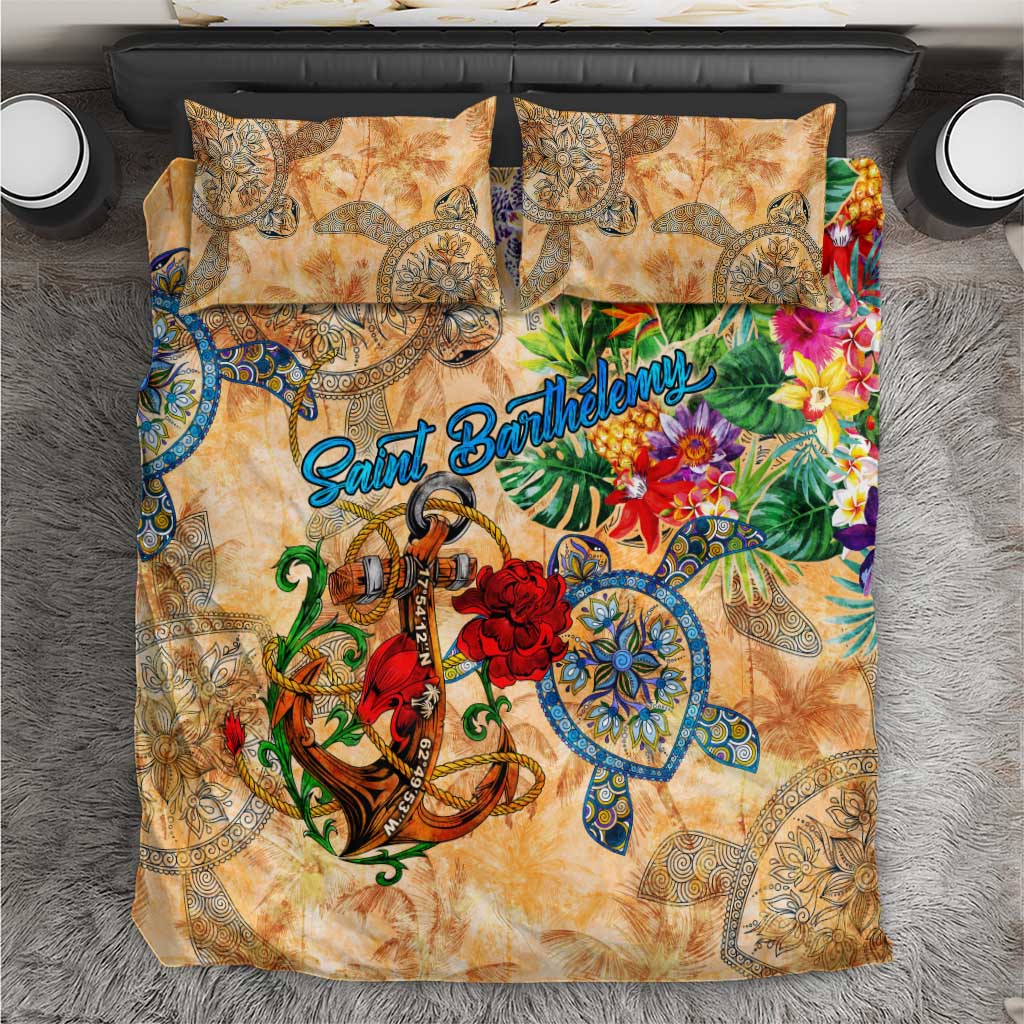 Saint Barthelemy Bedding Set Geographic Coordinate Anchor - Turlte Tropical