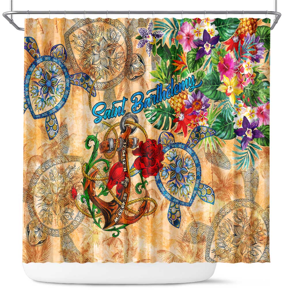 Saint Barthelemy Shower Curtain Geographic Coordinate Anchor - Turlte Tropical