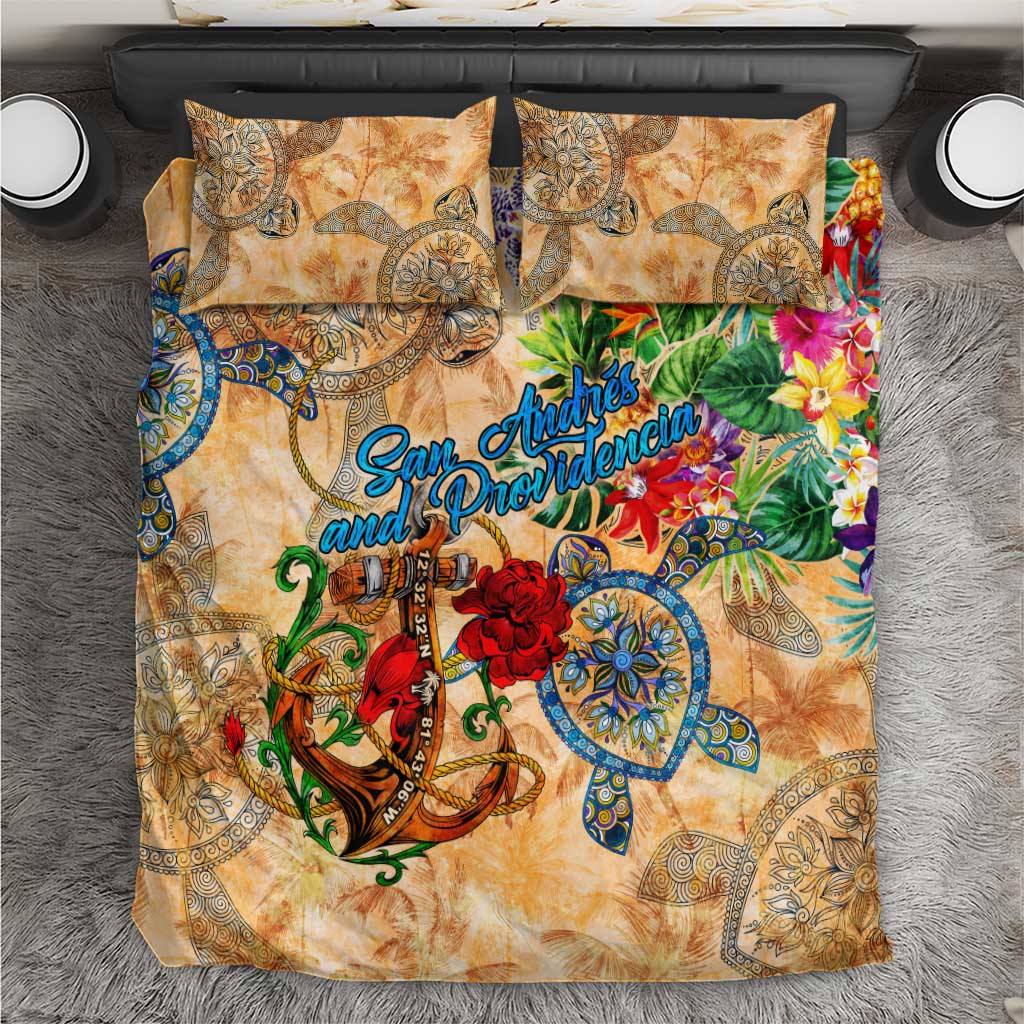Orange tropical bedding set with two matching patterned pillowcases and duvet