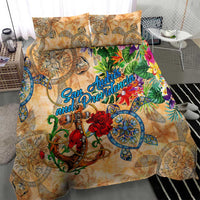 Orange tropical bedding set with duvet and two pillowcases, floral and map-style print