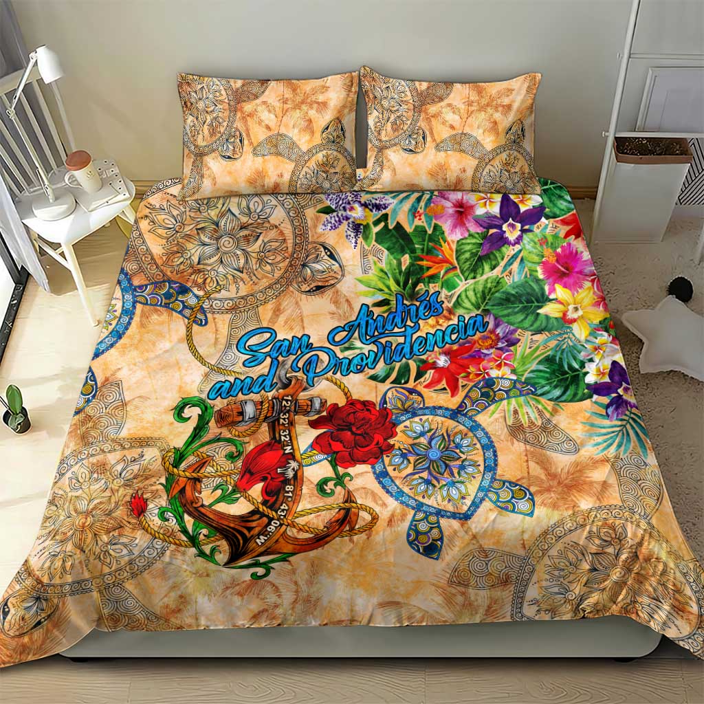 Orange tropical bedding set with patterned duvet and pillowcases in coordinated layout