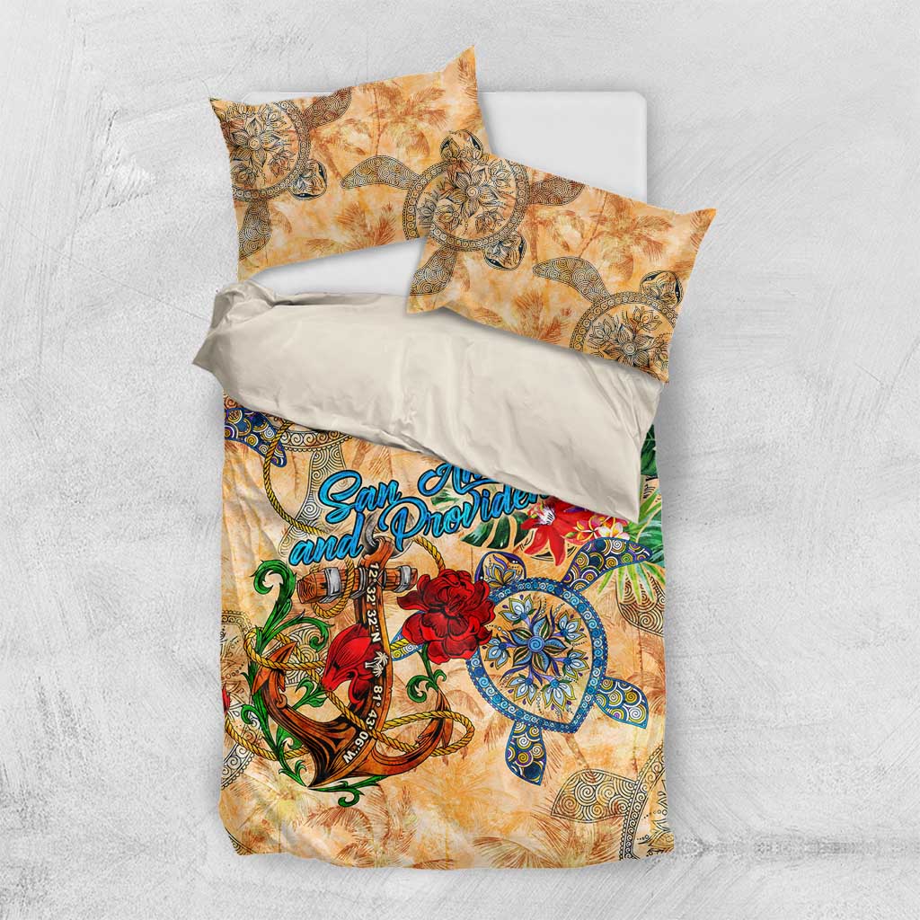 Orange tropical bedding set with duvet and two pillowcases on white flat background
