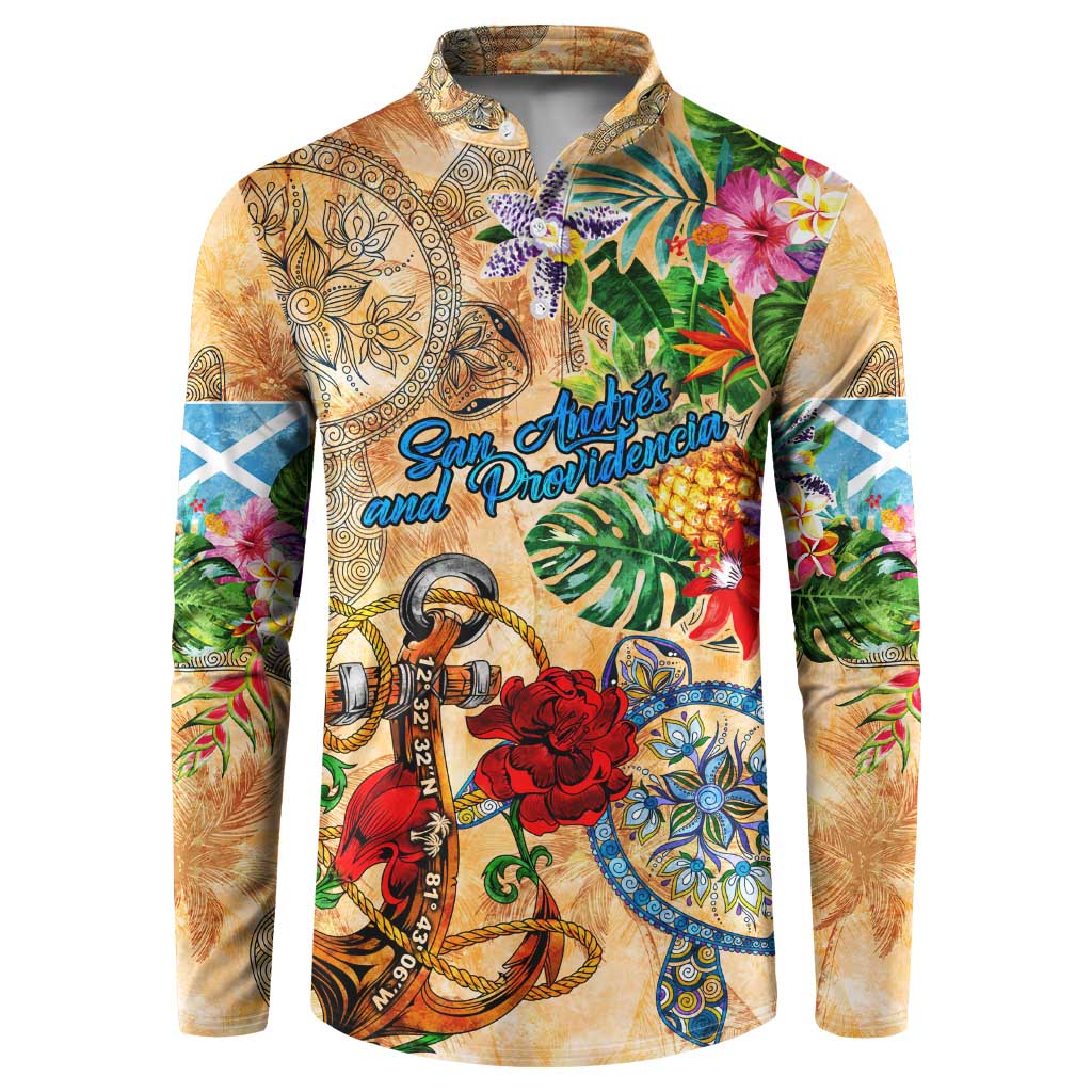 Orange long-sleeve button sweatshirt with tropical floral and anchor graphic