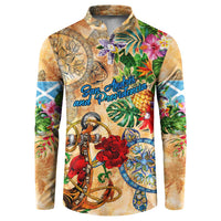 Orange long-sleeve button sweatshirt with tropical floral and anchor graphic