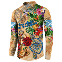 Orange tropical button sweatshirt with front graphic featuring flowers, anchor, and compass