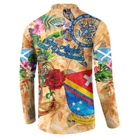 Orange tropical button sweatshirt, back graphic with flag-inspired panel and large anchor
