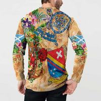 Orange tropical button sweatshirt shown from back, large anchor and flower print