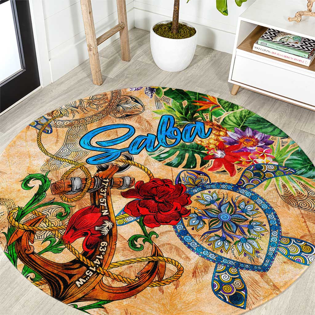 Saba Round Carpet Geographic Coordinate Anchor - Turlte Tropical