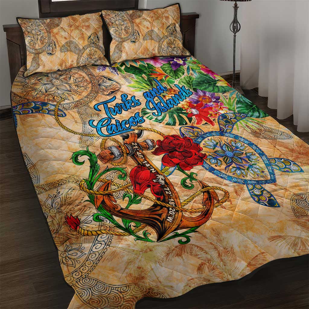 Turks and Caicos Islands Quilt Bed Set Geographic Coordinate Anchor - Turlte Tropical