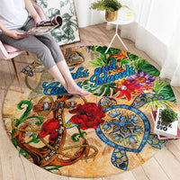 Round orange beach-themed rug on floor with detailed nautical map anchor and floral accents