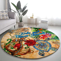 Round orange geographic coordinate rug with bold blue compass and red anchor motif