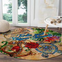 Round orange nautical rug featuring island lettering, compass ornament, and red anchor design