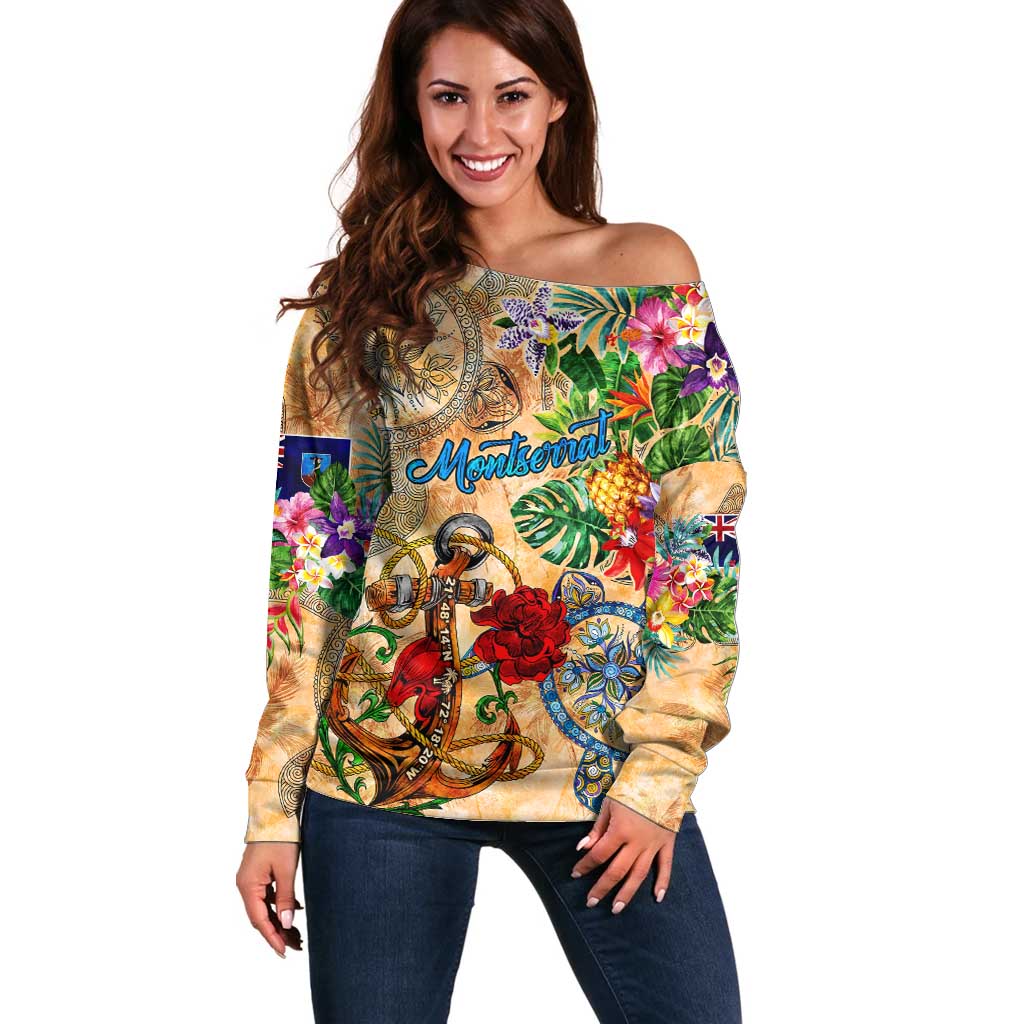 Montserrat Off Shoulder Sweater Geographic Coordinate Anchor - Turlte Tropical