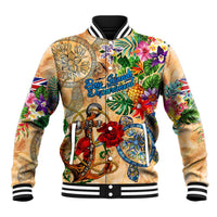 Unisex orange tropical graphic baseball jacket with floral sleeves, ribbed collar and cuffs