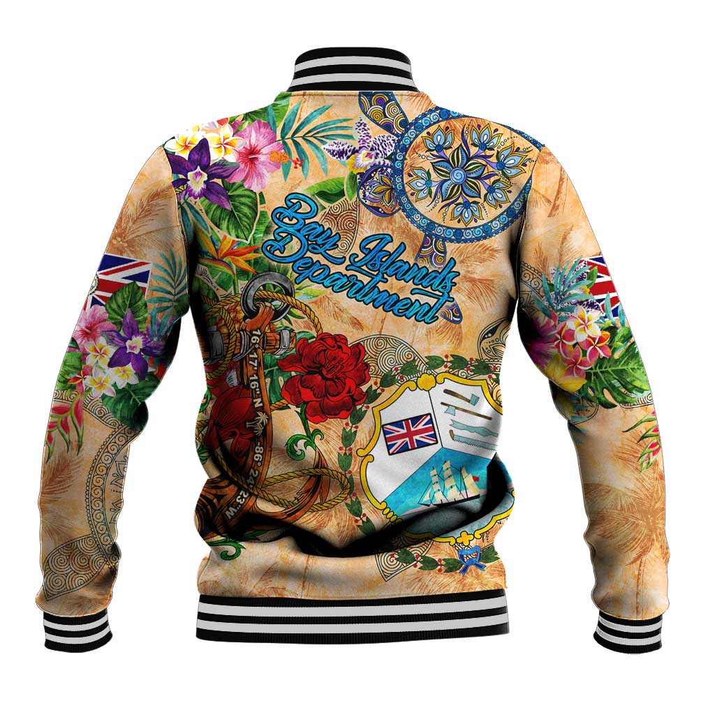 Unisex orange tropical baseball jacket with colorful back print, ribbed striped collar and hem