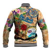 Unisex orange tropical baseball jacket with colorful back print, ribbed striped collar and hem